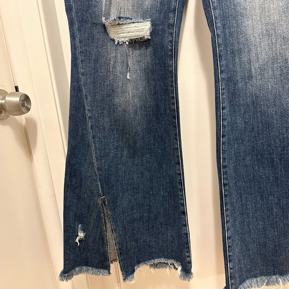 Risen High Rise Front Slit Frayed Hem Dark Flare Jeans Womens 2XL distressed NWT - Picture 4 of 10